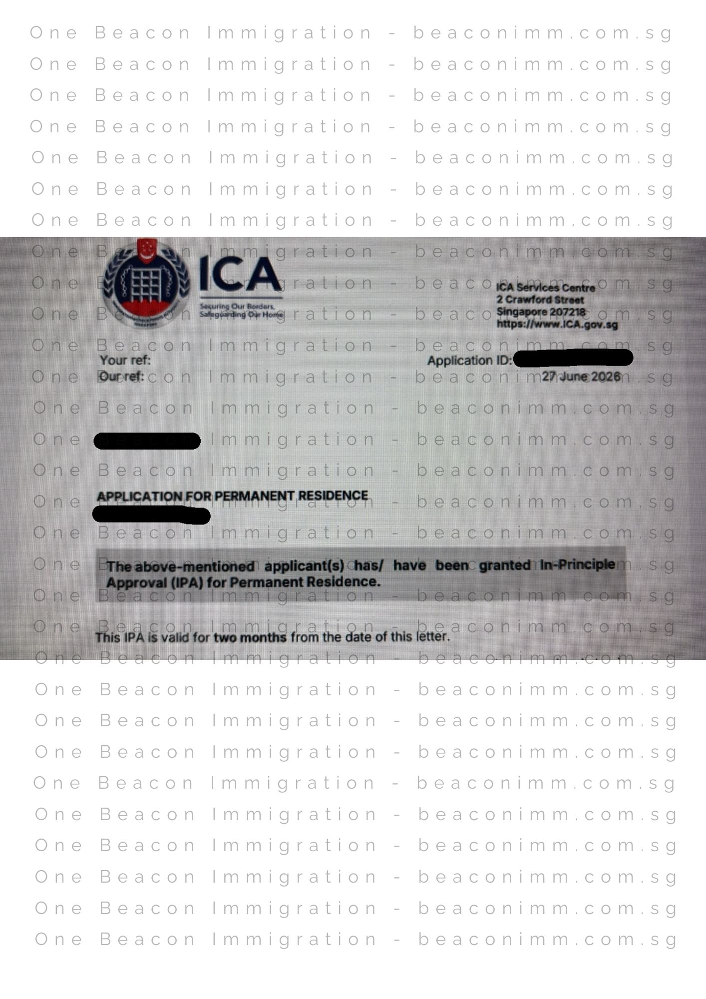 Redacted In-Principle Approval letter for a Singapore PR application approved in June 2026