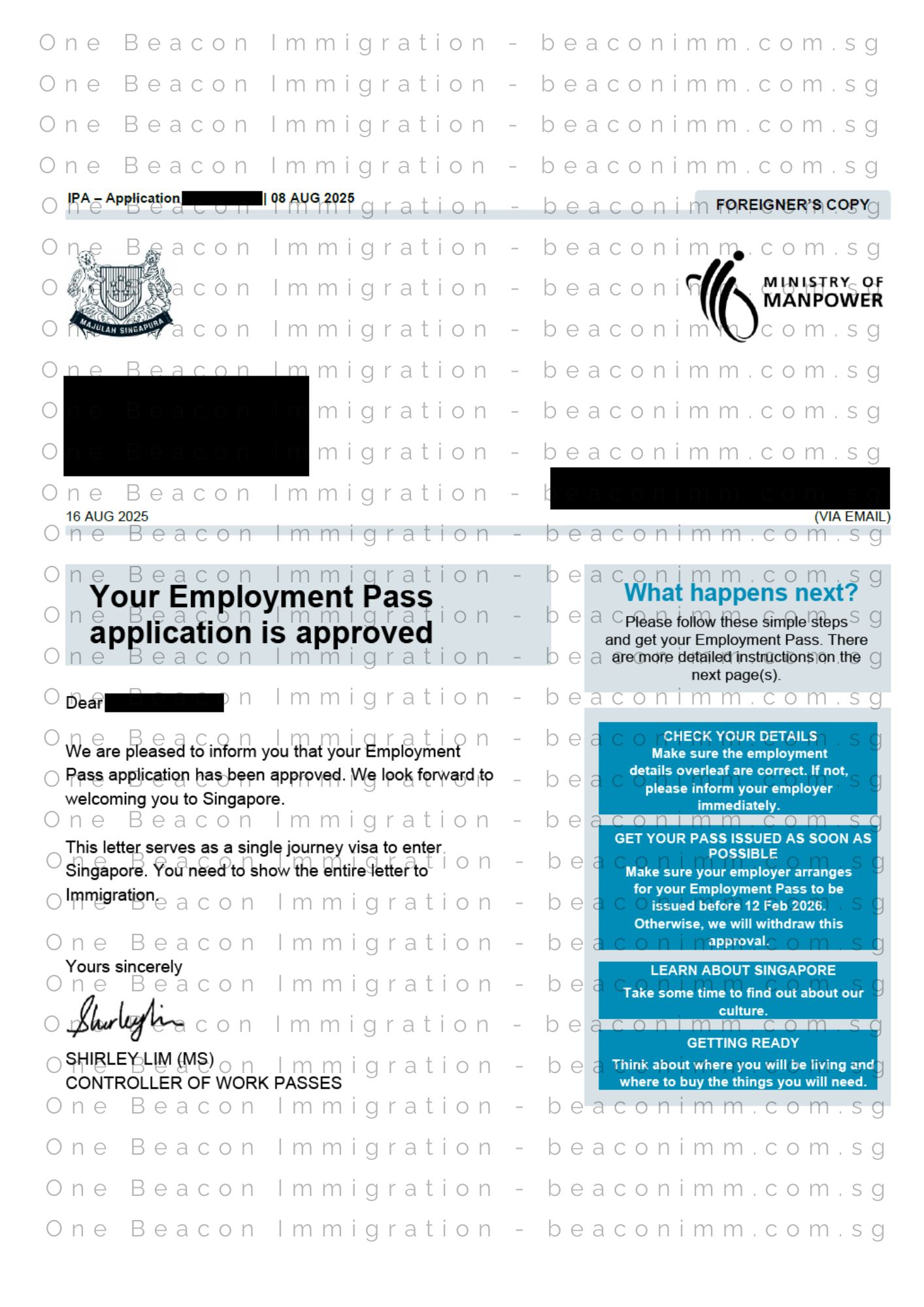 Redacted In-Principle Approval letter for a Singapore Employment Pass application approved in August 2025