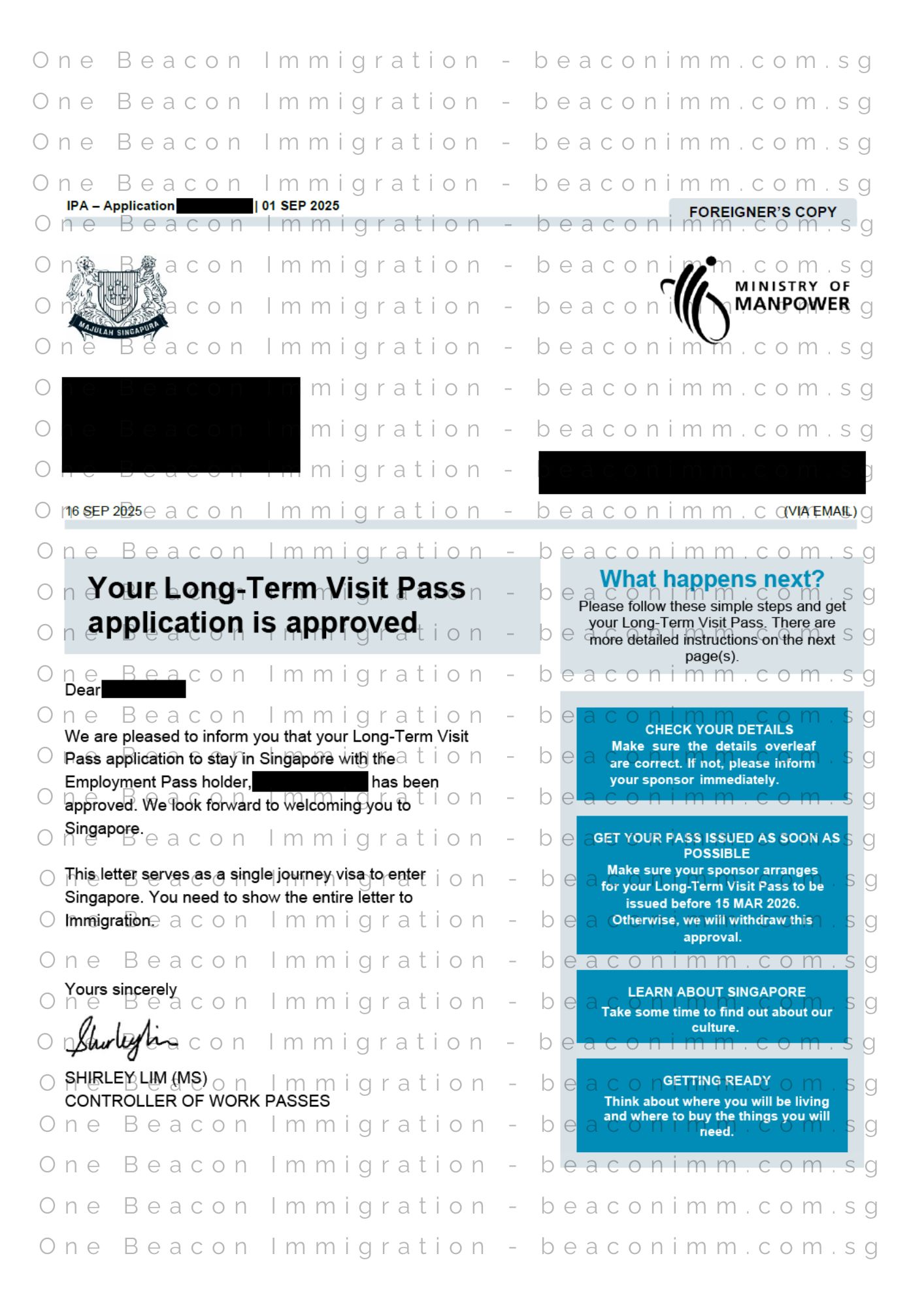 Redacted In-Principle Approval letter for a Singapore Long-Term Visit Pass application approved in September 2025
