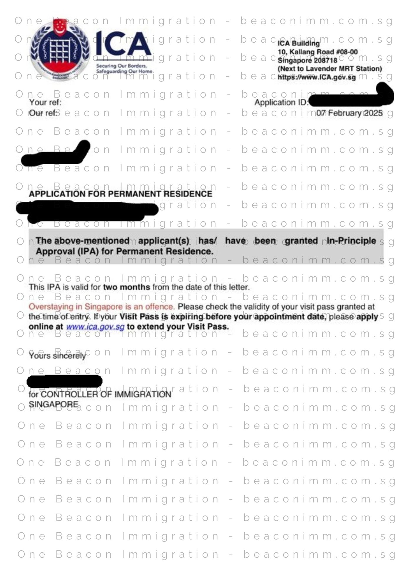 Redacted In-Principle Approval letter for a Singapore PR application approved in February 2025