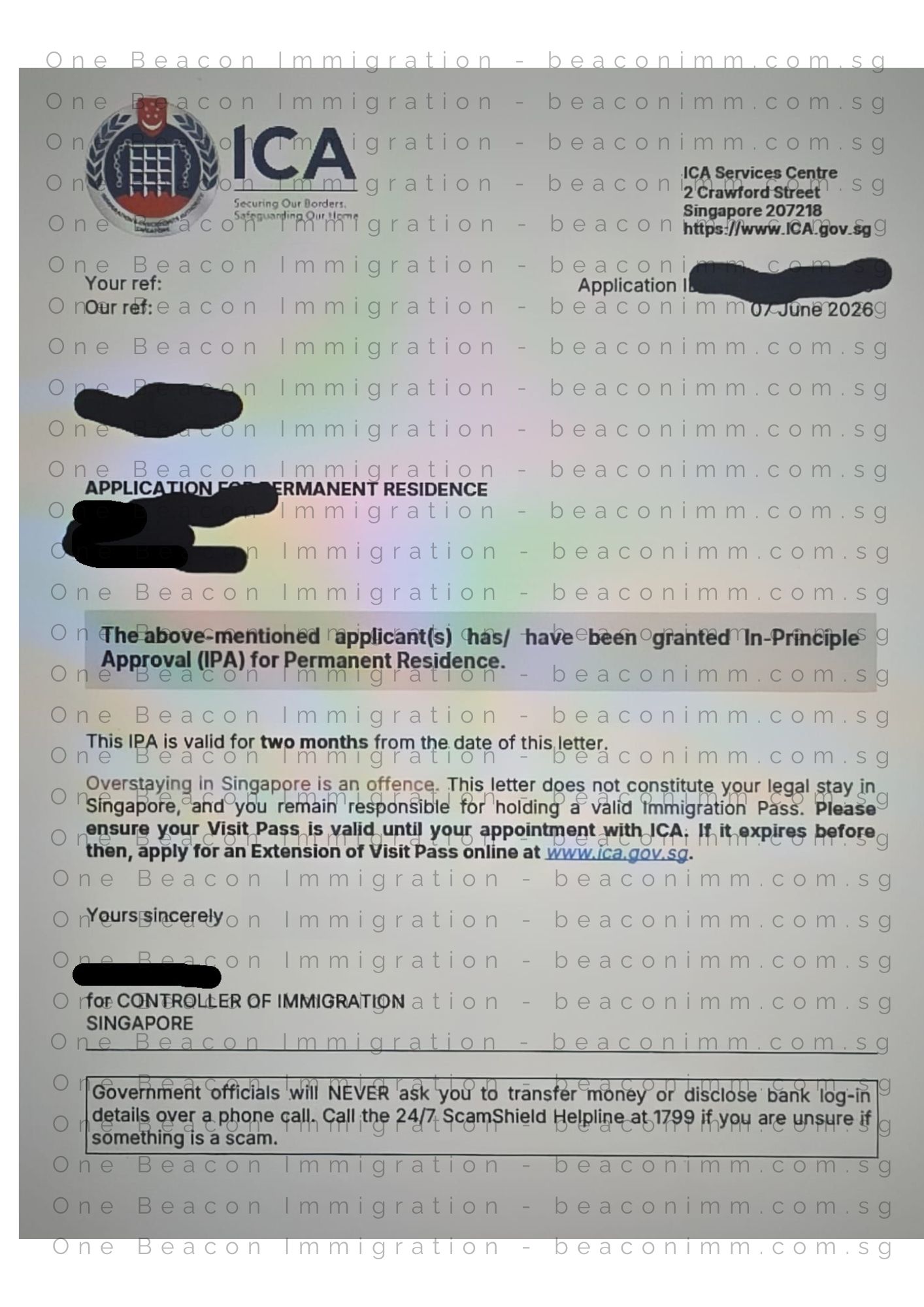 Redacted In-Principle Approval letter for a Singapore PR application approved in June 2026