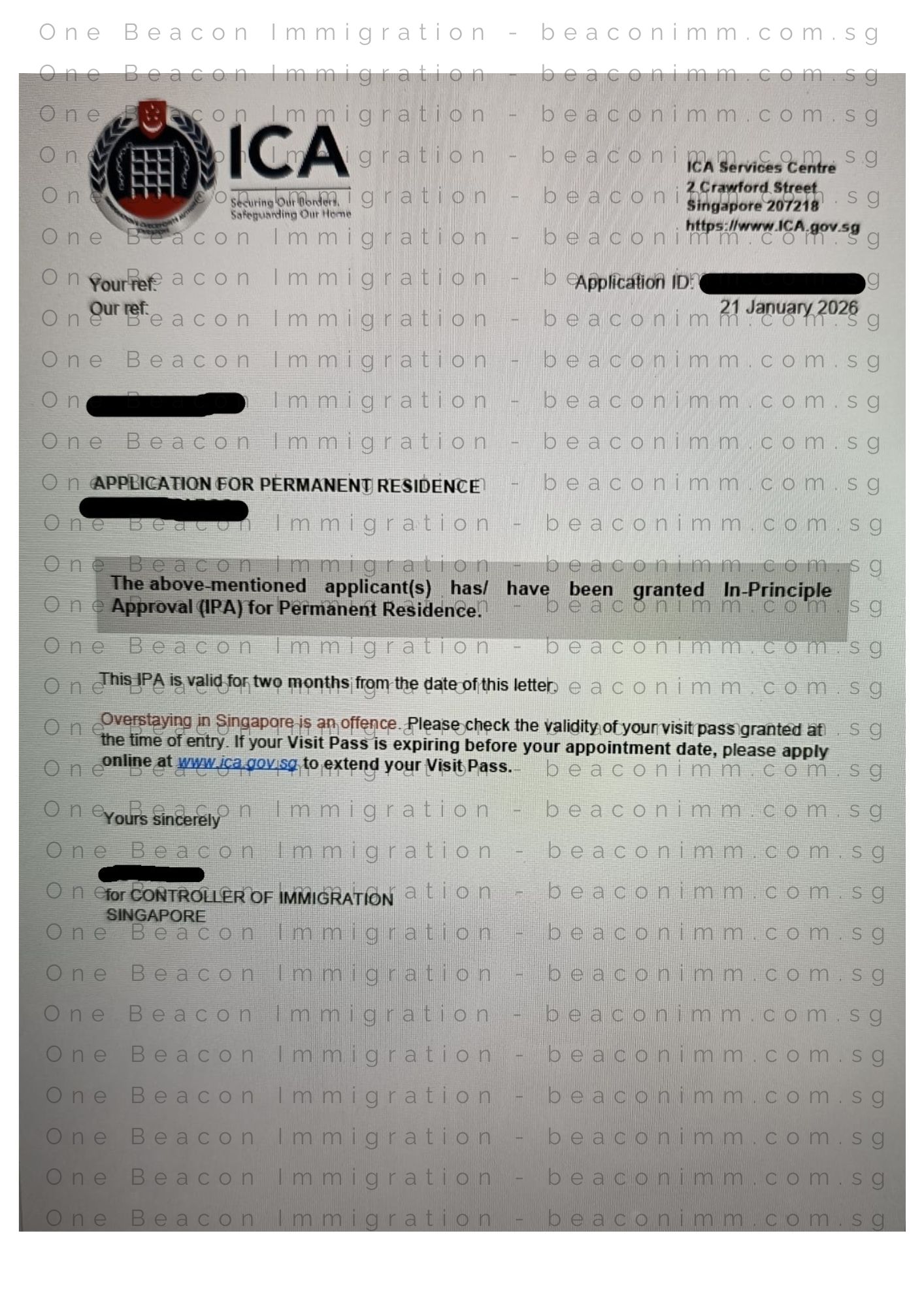 Redacted In-Principle Approval letter for a Singapore PR application approved in January 2026
